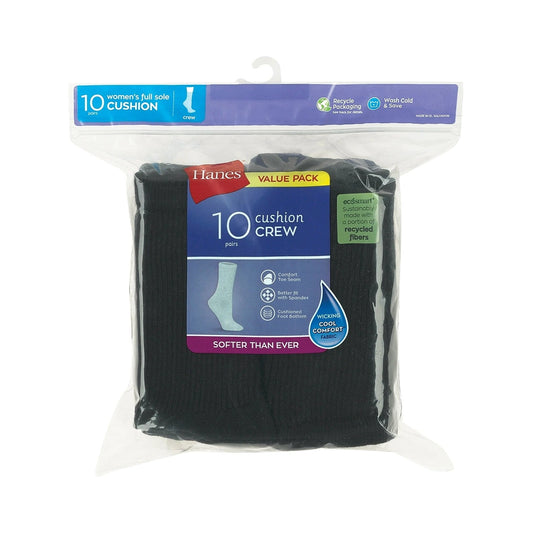 Hanes Women's Athletic Crew Socks, Full Sole Cushion, 10-Pairs Black 5-9