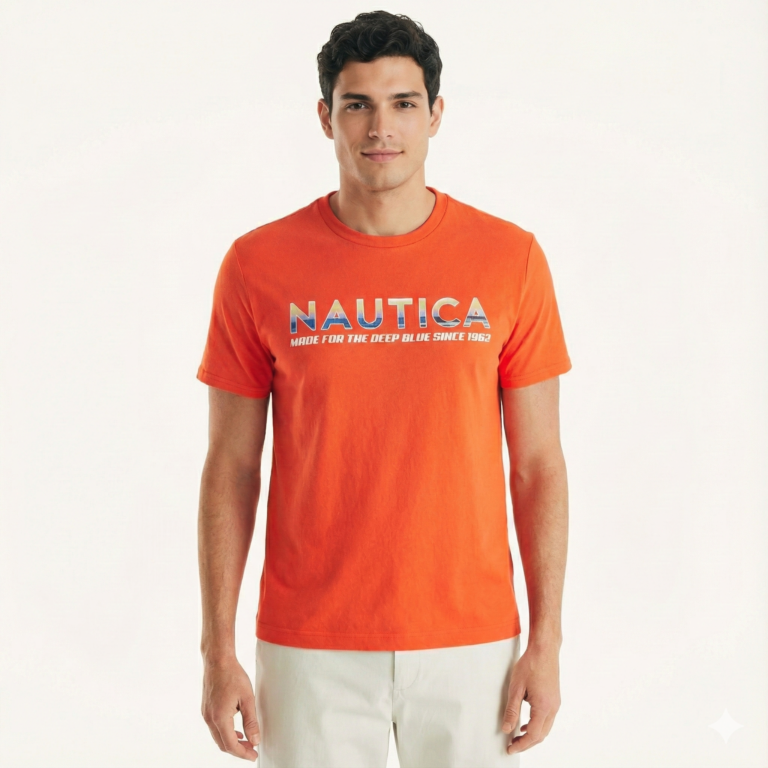 Nautica Men’s Graphic Tee Deep Blue Logo Orange Size M