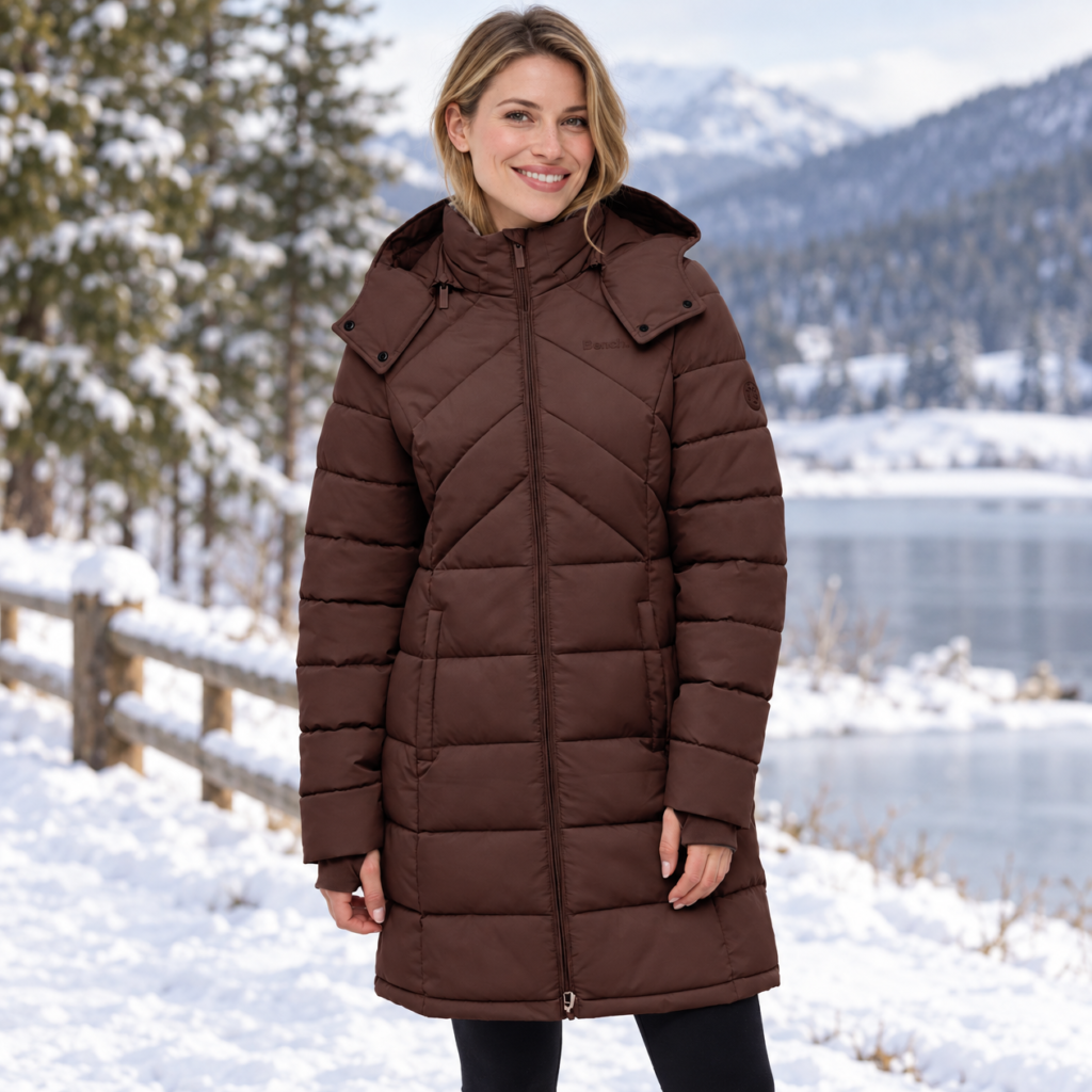 Bench Women's Long Puffer Jacket - Water Repellant, Wind Resistant